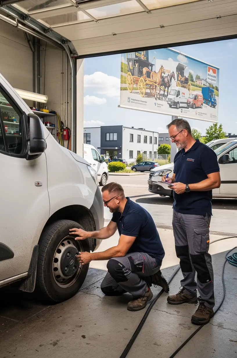 Mechaniker führt Ölwechsel an einem weißen Nutzfahrzeug in einem spezialisierten Servicezentrum durch