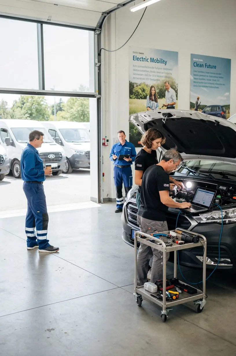 Flottenmanager bespricht Wartungspläne mit Servicetechniker in einem modernen Gewerbefahrzeugzentrum